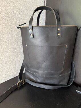 Portland Leather Black Leather Shoulder Tote with Crossbody Strap